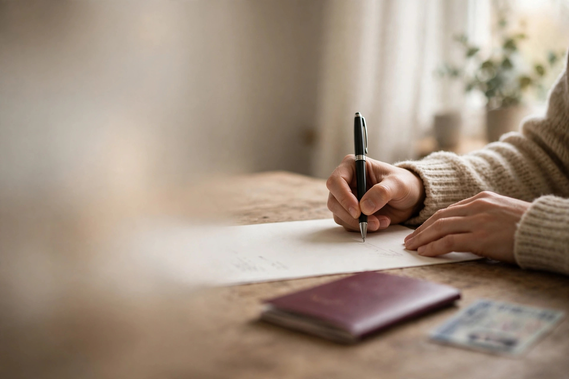 Signing a deed poll at home, with a passport and driving licence beside the document